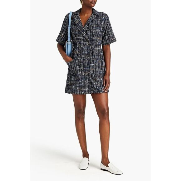 Sandro Double-breasted Bouclé-tweed Mini Dress in Black sz 38 M - Picture 16 of 16